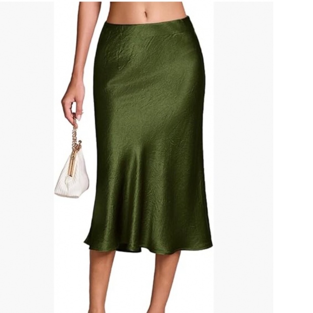 Baltic Born Celeste Satin Midi Skirt Women Size L Olive Green A-Line Minimalist